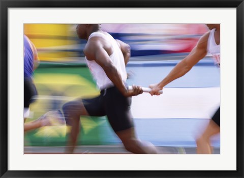 Framed Side profile of three men passing a relay baton Print