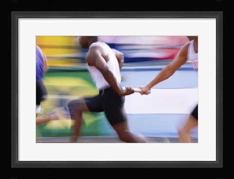 Framed Side profile of three men passing a relay baton Print