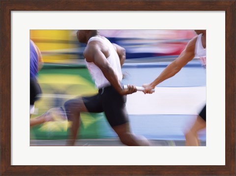 Framed Side profile of three men passing a relay baton Print
