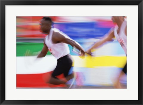 Framed Side profile of two young men passing a relay baton Print