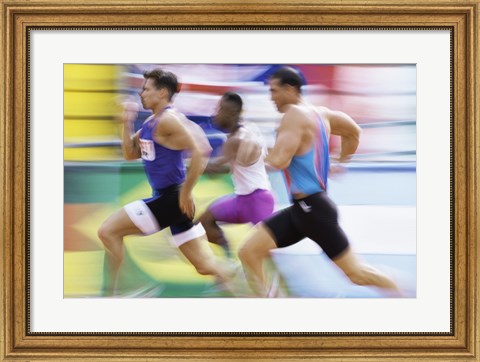 Framed Side profile of three men running on a track Print