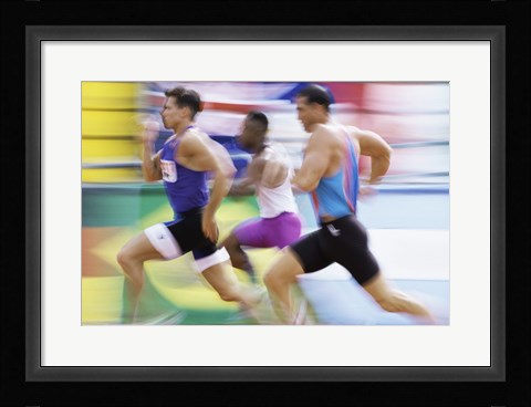 Framed Side profile of three men running on a track Print