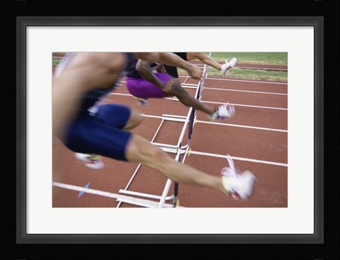Framed Side profile of three people jumping a hurdle Print