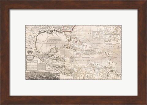 Framed 1732 Herman Moll Map of the West Indies, Florida, Mexico, and the Caribbean Print