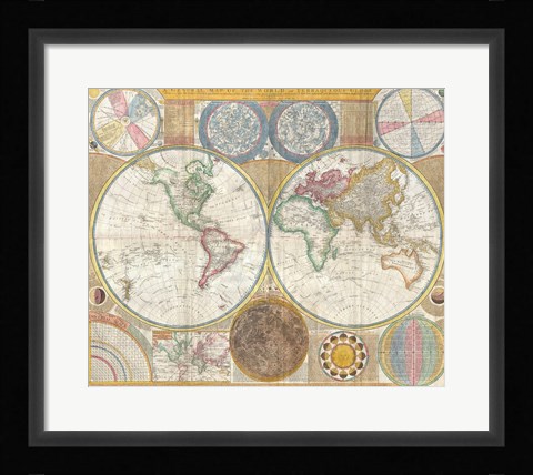 Framed 1794 Samuel Dunn Wall Map of the World in Hemispheres Print