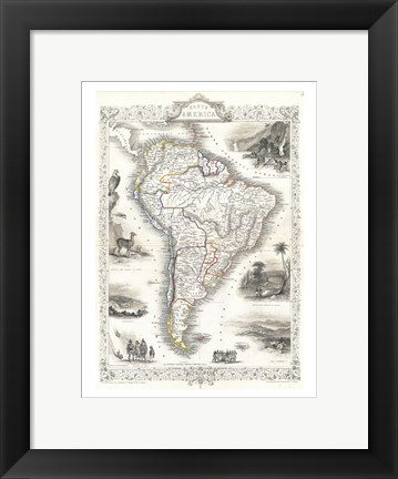 Framed 1850 Tallis Map of South America Print