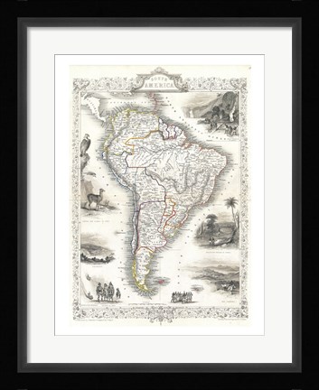 Framed 1850 Tallis Map of South America Print