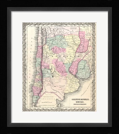 Framed 1855 Colton Map of Argentina, Chile, Paraguay and Uruguay Print