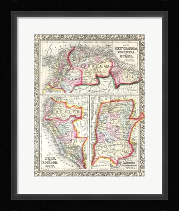 Framed 1860 Mitchell's Map of Peru, Ecuador, Venezuela, Columbia and Argentina Print