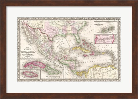 Framed 1866 Mitchell Map of Mexico and the West Indies Print