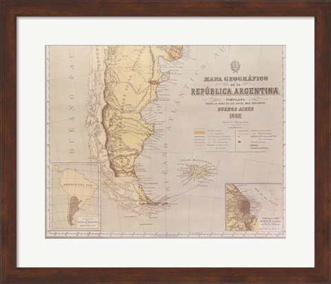 Framed Map of Argentina 1883 Print