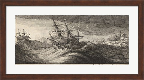 Framed Wenceslas Hollar - Warships and a Spouting Whale Print