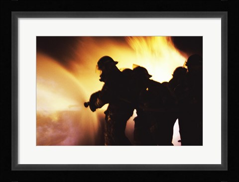 Framed Firefighters Extinguishing A Fire With Water Print