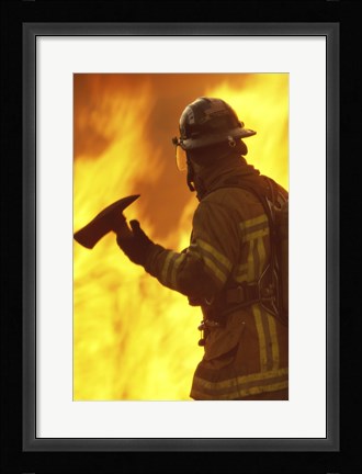 Framed Firefighter holding an axe Print