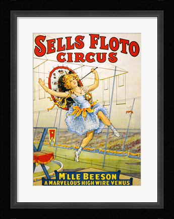 Framed Floto Circus Presents M'lle Beeson, a marvelous high wire Venus, Performance Poster,1921 Print