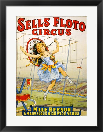 Framed Floto Circus Presents M'lle Beeson, a marvelous high wire Venus, Performance Poster,1921 Print