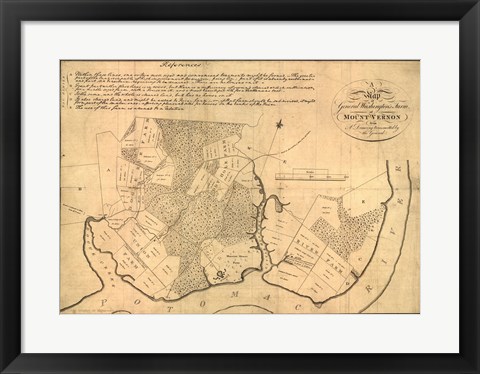 Framed Map of Mt Vernon made by Washington Print