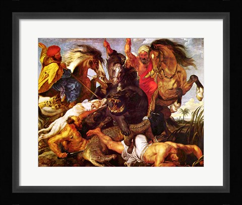 Framed Hippopotamus and Crockodile Hunt Print