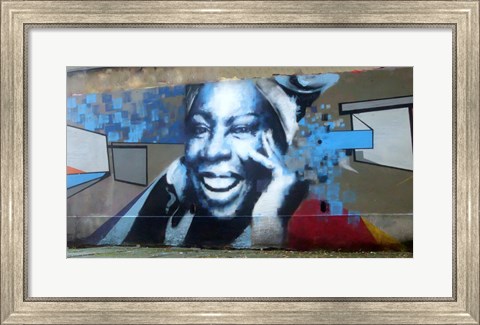 Framed Graffiti of blue smiling women with abstract background somewhere in Gdynia Print