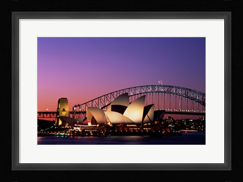 Framed Opera house lit up at night, Sydney Opera House, Sydney Harbor Bridge, Sydney, Australia Print