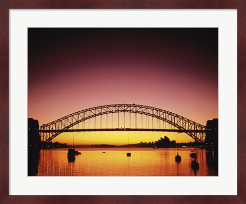 Framed Silhouette of a bridge across a harbor, Sydney Harbor Bridge, Sydney, New South Wales, Australia Print