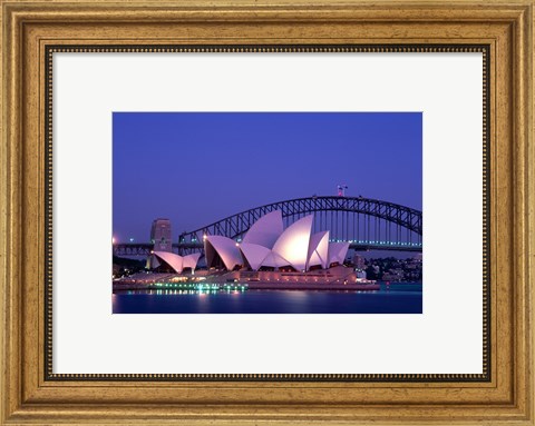 Framed Opera house lit up at dusk, Sydney Opera House, Sydney Harbor Bridge, Sydney, Australia Print