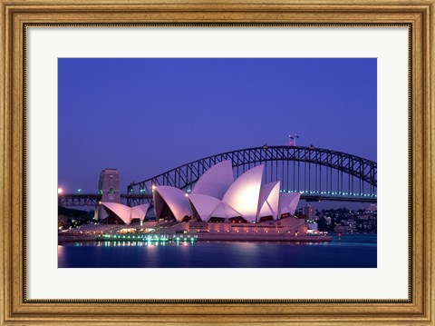 Framed Opera house lit up at dusk, Sydney Opera House, Sydney Harbor Bridge, Sydney, Australia Print