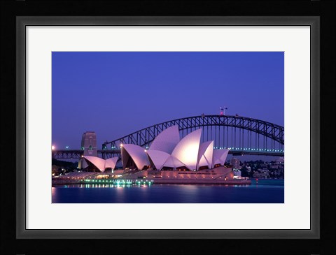 Framed Opera house lit up at dusk, Sydney Opera House, Sydney Harbor Bridge, Sydney, Australia Print