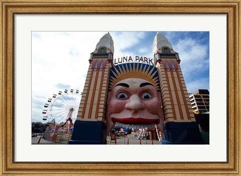 Framed Low angle view of the entrance to an amusement park, Luna Park, Sydney, New South Wales, Australia Print