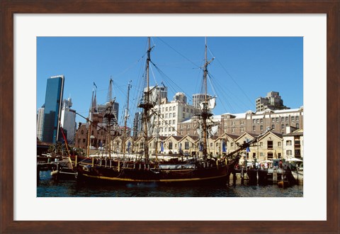 Framed Sailing ship moored in a harbor, Waterfront Restaurant, Sydney, New South Wales, Australia Print
