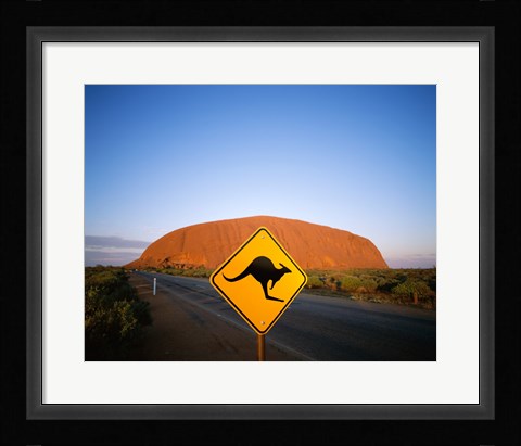 Framed Kangaroo sign on a road with a rock formation in the background, Ayers Rock Print