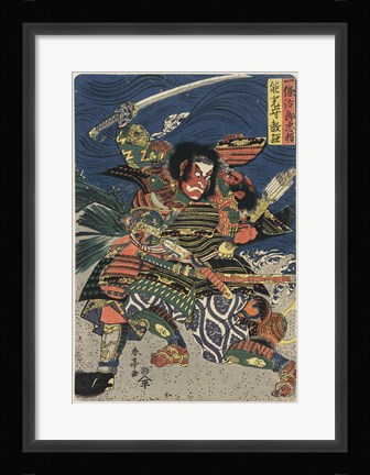 Framed Samurai in Battle Print