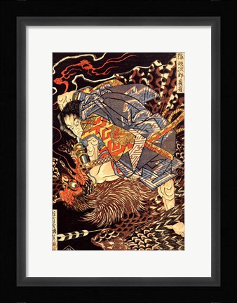 Framed Oki no Jiro Hiroari killing a monstrous tengu Print