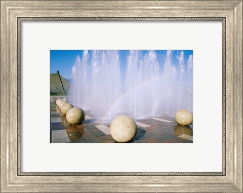 Framed USA, California, Stockton, Weber Point Events Center, Rainbow created by water splashing from fountain Print