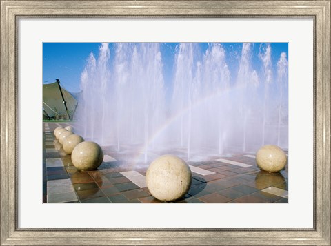 Framed USA, California, Stockton, Weber Point Events Center, Rainbow created by water splashing from fountain Print