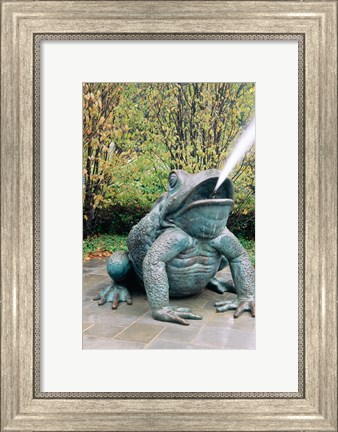 Framed USA, Texas, Dallas, Dallas Arboretum, frog sculpture spitting out water Print