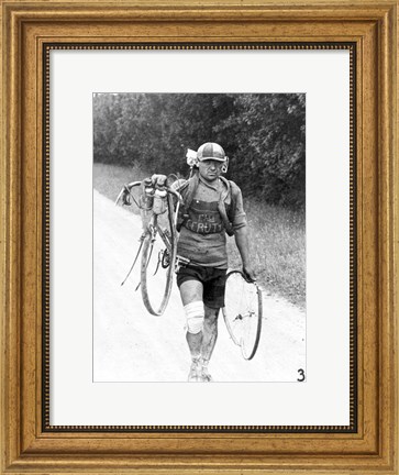 Framed Italian Giusto Cerutti has a broken wheel after a fall. Tour de France 1928 Print