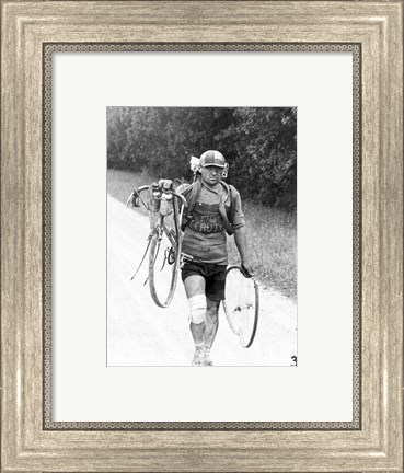 Framed Italian Giusto Cerutti has a broken wheel after a fall. Tour de France 1928 Print