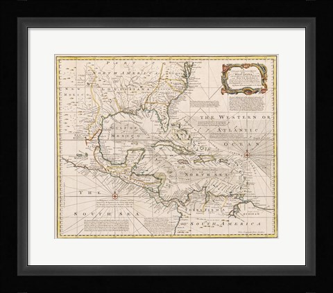 Framed 1720 Map of the West Indies with the Adjacent Coasts of North and South America Print