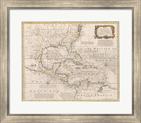 Framed 1720 Map of the West Indies with the Adjacent Coasts of North and South America Print