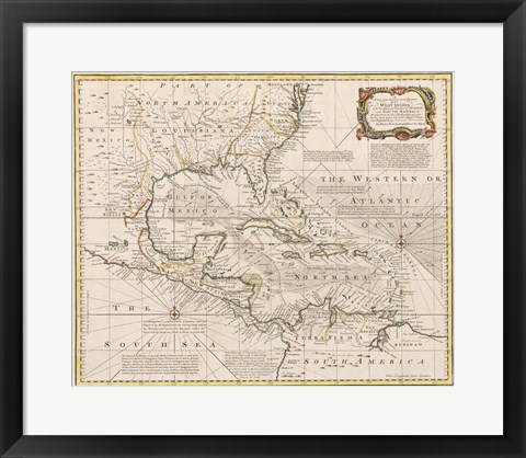 Framed 1720 Map of the West Indies with the Adjacent Coasts of North and South America Print