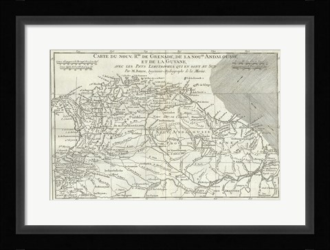 Framed 1780 Bonne Map of Northern South America, Columbia, Venezuela, Brazil Print