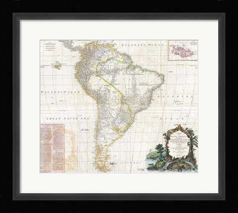 Framed 1780 Raynal &amp; Bonne Map of Southern Brazil, Northern Argentina, Uruguay &amp; Paraguay Print