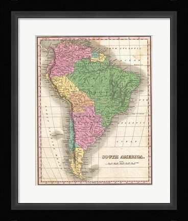 Framed 1827 Finley Map of South America Print