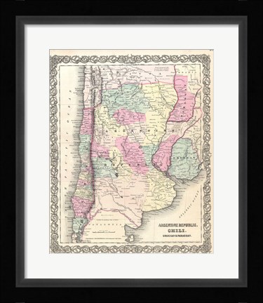 Framed 1855 Colton Map of Argentina, Chile, Paraguay and Uruguay Print