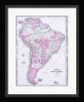 Framed 1863 Johnson's Map of South America Print