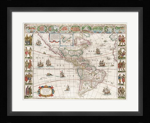 Framed Americae Nova Tabula - Map of North and South America Print