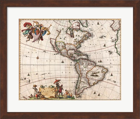 Framed 1658 Visscher Map of North America and South America Print