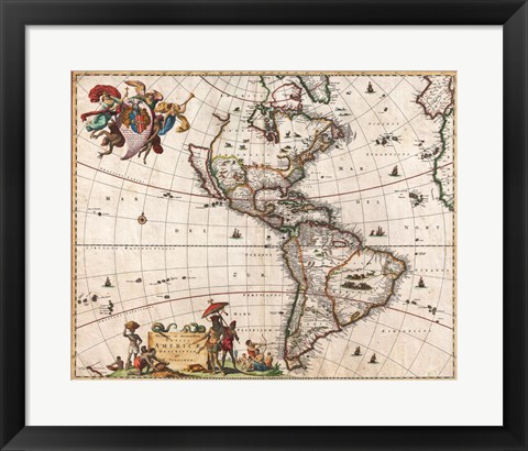 Framed 1658 Visscher Map of North America and South America Print