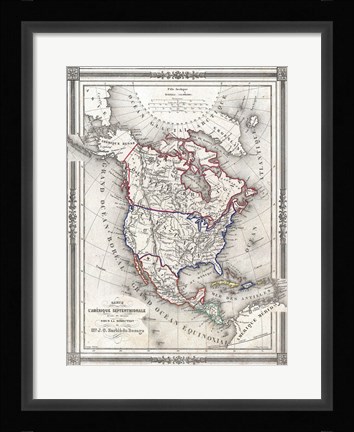 Framed 1852 Bocage Map of North America Print